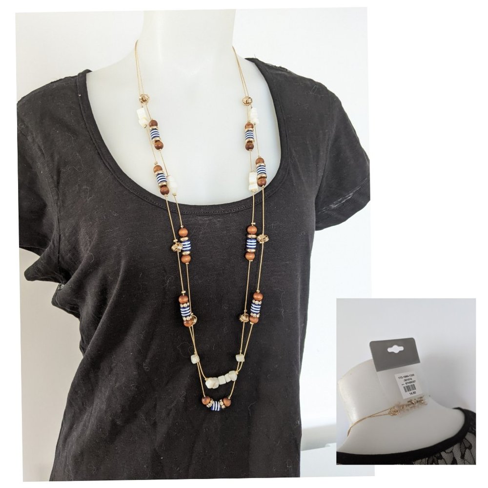 3/20$ NWT Long Golden Necklace W/ Beans Navy Style